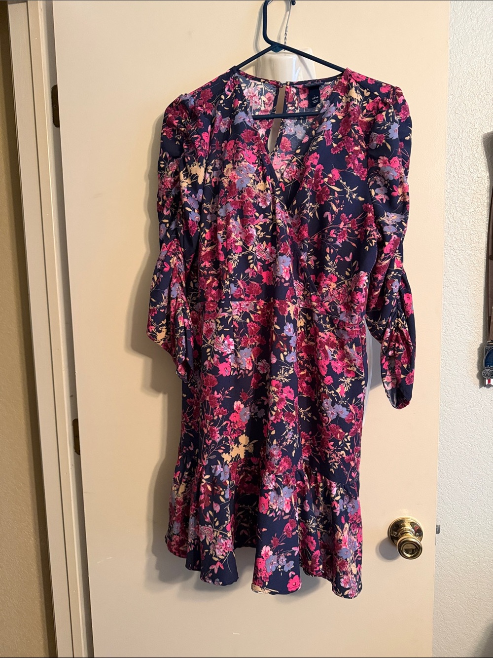 Navy & Pink Floral V-Neck Mini Dress